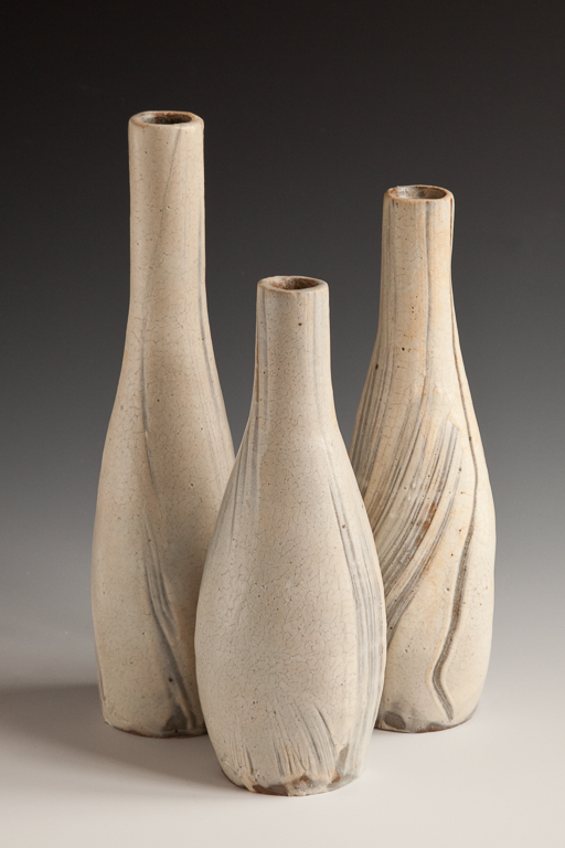 Winter Triplet BottlesH 9" x W 5" x D 4" Stoneware, white slip, celadon glaze